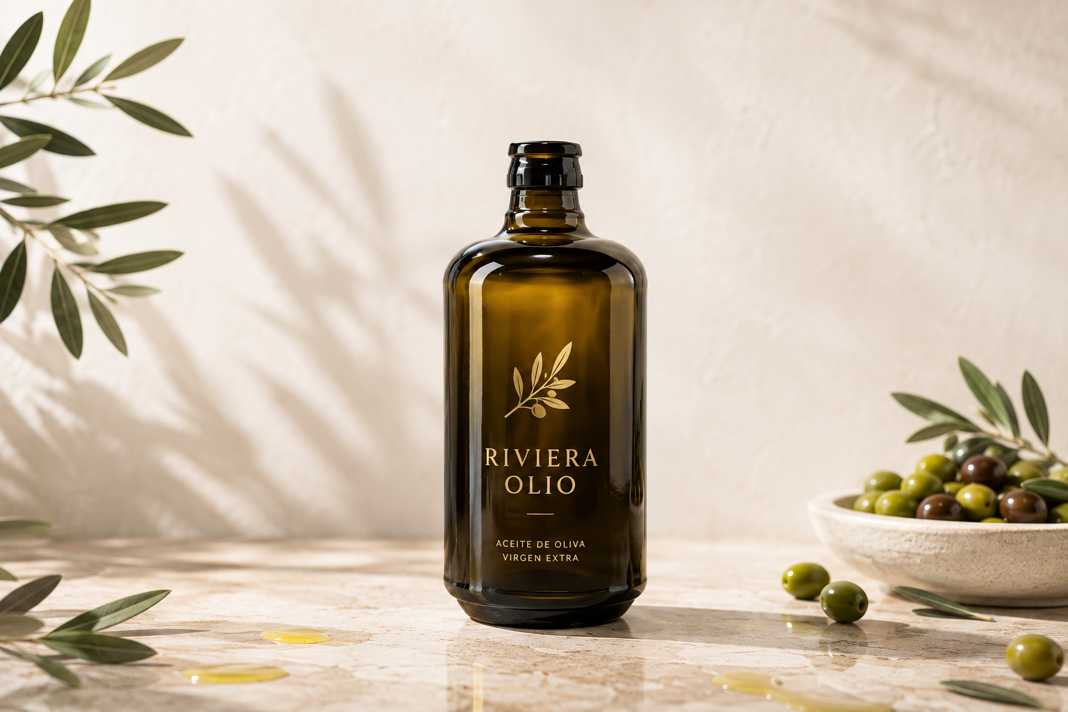 botellas para aceite de oliva premium Riviera Olio diseño cilíndrico