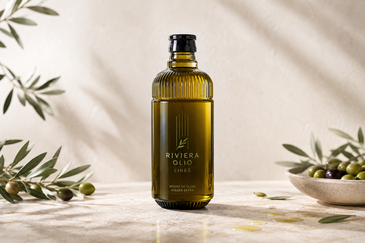 botella para aceite de oliva premium Riviera Olio Lines con relieve vertical