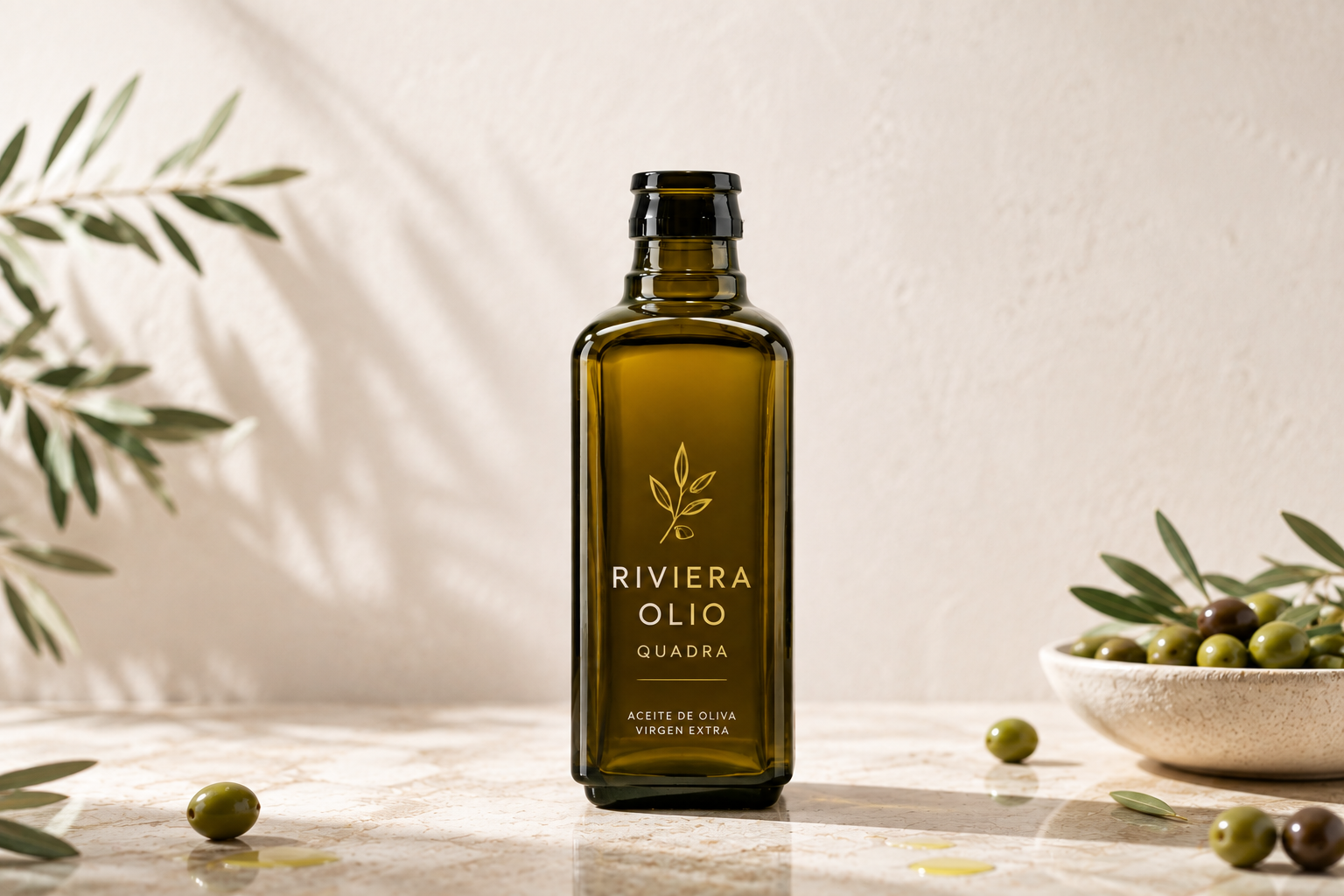 botella para aceite de oliva premium Riviera Olio Quadra líneas rectas